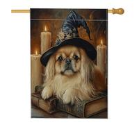 Halloween Witch Pechinese Dog Front Yard BackYard Linen Vertical House Flags 28x40 Double Face per esterno, libro magico candela cucciolo stampa bandiera casa, bandiera vintage per casa all'aperto
