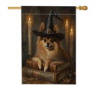 Halloween Witch Pomeranian Dog Front Yard BackYard Linen Vertical House Flags 28x40 Double Face per esterno, libro magico candela cucciolo stampa bandiera casa, bandiera vintage per casa all'aperto