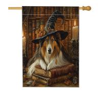 Halloween Witch Rough Collie Cane Cortile Cortile Lino Verticale Casa Bandiere 28x40 Doppio Lato per Esterno, Libro Magico Candela Cucciolo Casa Stampa Bandiera, Vintage Home Outdoor Pattern Bandiera
