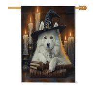 Halloween Witch Samoied Dog Front Yard BackYard Linen Vertical House Flags 28x40 Double Face per esterno, libro magico candela cucciolo stampa bandiera casa, bandiera vintage per casa all'aperto