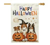 Halloween Witch Shetland Sheepdog Dog Front Yard Backyard Juta Verticale Casa Bandiere 28 x 40 Double Face per esterno, Witchy Spaventoso Zucca Cucciolo Casa Stampato Bandiera, Divertente Decorazione