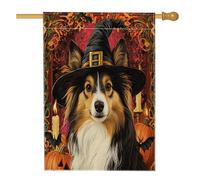 Halloween Witch Shetland Sheepdog Dog Front Yard Backyard Linen Vertical House Flags 28x40 Double Sided per l'esterno, Psichedelico Spaventoso Cucciolo Casa Stampa Bandiera, Divertente Casa Outdoor