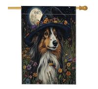 Halloween Witch Shetland Sheepdog Dog Front Yard Backyard Linen Vertical House Flags 28x40 Double Sided per l'esterno, fresco cucciolo giardino fiore casa stampa bandiera, divertente animale domestico