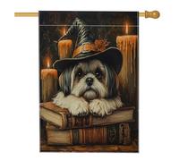 Halloween Witch Shih Tzu Cane Cortile Cortile Lino Verticale Casa Bandiere 28x40 Doppio Lato per Esterno, Libro Magico Candela Cucciolo Casa Stampa Bandiera, Vintage Home Outdoor Pattern Bandiera