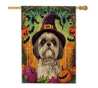 Halloween Witch Shih Tzu Dog Front Yard Backyard Linen Vertical House Flags 28x40 Double Face per l'esterno, Psichedelico Spaventoso Cucciolo Casa Stampa Bandiera, Divertente Casa Outdoor Pattern