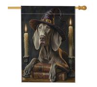 Halloween Witch Weimaraner Dog Front Yard BackYard Linen Vertical House Flags 28x40 Double Face per esterno, libro magico candela cucciolo stampa bandiera casa, bandiera vintage per casa all'aperto