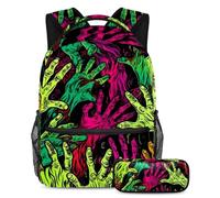 Halloween Zombie Hand School Bag Set - Zaino e astuccio combinato, perfetto per studenti, bambini, ragazzi e ragazze, Multicolore#06, B：29.4x20x40cm P：19x7.5x3.8cm, Zaini Daypack