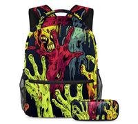 Halloween Zombie Hand School Bag Set - Zaino e astuccio Combo per studenti, bambini, ragazzi, ragazze, Multicolore#09, B：29.4x20x40cm P：19x7.5x3.8cm, Zaini Daypack