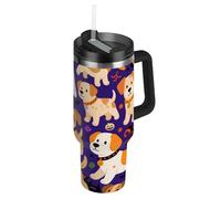 Halloween zucca gialla cane vuoto bocca larga carino bottiglia d'acqua coperchio a prova di perdite e cannuccia decorativo viaggio tazza da caffè con manico per scuola, sport, asilo nido, campeggio e