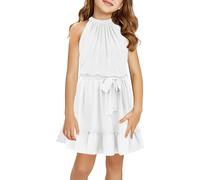 Halomoning, vestito da ragazza, senza maniche, estivo, semplice, classico, casual, lunghezza al ginocchio, per bambini, semplice, principessa, festa, matrimonio, Tie vita, linee ad A, bianco, 11-12