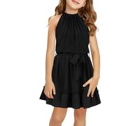 Halomoning, vestito da ragazza, senza maniche, estivo, semplice, classico, casual, lunghezza al ginocchio, per bambini, semplice, principessa, festa, matrimonio, Tie vita, linee ad A, Nero , 5-6 Anni