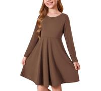 Haloumoning - Abito da bambina, girocollo, a maniche lunghe, a tinta unita, A-linea, casual, per tempo libero, autunno inverno, basic, midi, 5-14 anni, marrone, 11-12 Anni