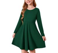 Haloumoning - Abito da bambina, girocollo, a maniche lunghe, a tinta unita, A-linea, casual, per tempo libero, autunno inverno, basic, midi, 5-14 anni, verde scuro, 9-10 Anni