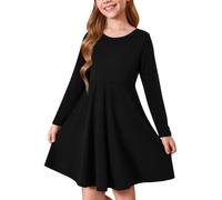 Haloumoning - Abito da bambina, girocollo, a maniche lunghe, a tinta unita, A-linea, casual, per tempo libero, autunno inverno, basic, midi, 5-14 anni, Nero , 9-10 Anni