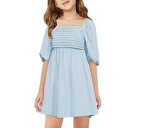 Haloumoning Abito da ragazza, a maniche corte, con scollo quadrato, per il tempo libero, per bambini, con maniche a sbuffi, elegante, linea ad A, in chiffon, azzurro, 13-14 Anni