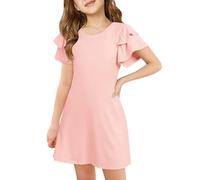 Haloumoning Abito da ragazza, a maniche corte, girocollo, linea A, tinta unita, casual, elegante, per feste, compleanni, matrimoni, feste, Colore: rosa., 5-6 Anni