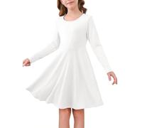 Haloumoning Abito da ragazza, a maniche lunghe, girocollo, per il tempo libero, linea ad A, elegante, tinta unita, casual, per feste, matrimoni e bambini, 5-14 anni, bianco, 11-12 Anni