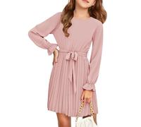Haloumoning Abito da ragazza elegante a maniche lunghe per bambini, linea ad A, gonna a pieghe con scollo rotondo, abito midi fluente, Colore: rosa., 5-6 Anni