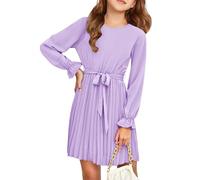 Haloumoning Abito da ragazza elegante a maniche lunghe per bambini, linea ad A, gonna a pieghe con scollo rotondo, abito midi fluente, viola., 5-6 Anni