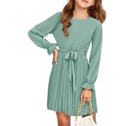 Haloumoning Abito da ragazza elegante a maniche lunghe per bambini, linea ad A, gonna a pieghe con scollo rotondo, abito midi fluente, verde, 5-6 Anni