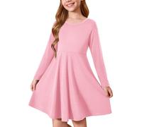 Haloumoning - Abito per bambina, girocollo, a maniche lunghe, a tinta unita, A-linea, casual, per tempo libero, autunno inverno, basic, midi, 5-14 anni, Colore: rosa., 11-12 Anni