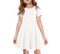 Haloumoning Abito per Ragazza, Manica Corta, Scollo Tondo, Abito Casual, Linea A, con Volant, Abito Estivo, Tinta Unita, Casual, Elegante, Abito da Festa, per Compleanno, Matrimonio, Cerimonie, bianco
