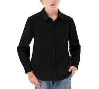 Haloumoning Camicia a maniche lunghe da ragazzo, vestibilità dritta, casual, per tempo libero, feste, tinta unita, facile da stirare, uniforme scolastica formale, Nero , 7-8 Anni