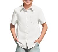Haloumoning Camicia da ragazzo a maniche corte per il tempo libero, per bambini, tinta unita, facile da stirare, casual, per feste, con tasca sul petto, bianco, 11-12 Anni