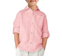 Haloumoning Camicia da ragazzo in cotone, a maniche lunghe, per il tempo libero, per bambini, tinta unita, facile da stirare, casual, per feste, con tasca sul petto, Colore: rosa., 13-14 Anni