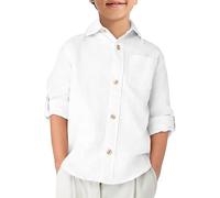 Haloumoning Camicia da ragazzo in cotone, a maniche lunghe, per il tempo libero, per bambini, tinta unita, facile da stirare, button down shirt casual, per feste, con tasca sul petto, bianco, 13-14