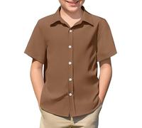 Haloumoning Camicia estiva a maniche corte per bambini, in tinta unita, per il tempo libero, casual, con bottoni, facile da stirare, 5-14 anni, Marrone, 7-8 Anni