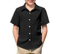Haloumoning Camicia estiva a maniche corte per bambini, in tinta unita, per il tempo libero, casual, con bottoni, facile da stirare, 5-14 anni, Nero , 7-8 Anni