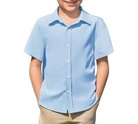 Haloumoning Camicie Eleganti a Maniche Corte per Ragazzi Bambini Tinta Unita Uniforme Scolastica Estiva Camicia con Bottoni Casual Basic Facile da Stirare 5-14 Anni, Azzurro, 7-8 Anni