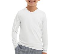 Haloumoning Maglietta a maniche lunghe con scollo a V, UPF 50+, per bambini, ad asciugatura rapida, con scollo a V, morbida, tinta unita, bianco, 9-10 Anni