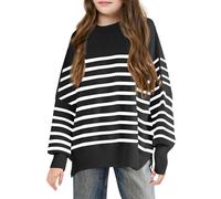 Haloumoning Maglione da bambina con scollo rotondo, oversize, per autunno e inverno, a righe, a pipistrello, Nero , 11-12 Anni