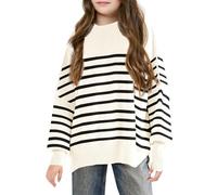 Haloumoning Maglione da bambina con scollo rotondo, oversize, per autunno e inverno, a righe, a pipistrello, bianco, 11-12 Anni