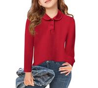 Haloumoning Polo a maniche lunghe per bambine con colletto Peter Pan e uniforme scolastica, 5-14 anni, Rosso, 5-6 Anni
