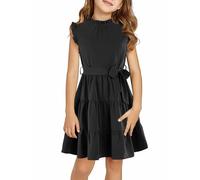 Haloumoning Ragazze Abiti Casual Maniche Volant Abito Midi Bambini Abito Da Festa Piegato Con Cintura 4-15 Anni, Nero , 12-14 Anni