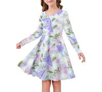 Haloumoning Vestito da bambina a maniche lunghe, stile skater, casual, girocollo, linea ad A, fluido, per l'autunno, 5-14 anni, Floreale-blu Viola, 9-10 Anni