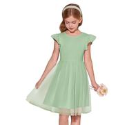 Haloumoning - Vestito da bambina in stile tutù, con maniche corte e arricciate, morbido e voluminoso, in tulle, per la primavera e l'estate, per bambini dai 5 ai 14 anni, Verde erba , 13-14 Anni
