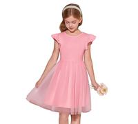 Haloumoning - Vestito da bambina in stile tutù, con maniche corte e arricciate, morbido e voluminoso, in tulle, per la primavera e l'estate, per bambini dai 5 ai 14 anni, Rosa brillante., 10-12 anni