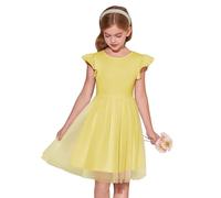 Haloumoning - Vestito da bambina in stile tutù, con maniche corte e arricciate, morbido e voluminoso, in tulle, per la primavera e l'estate, per bambini dai 5 ai 14 anni, Giallo, 13-14 Anni