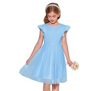 Haloumoning - Vestito da bambina stile tutù, con maniche corte e arricciate, morbido e voluminoso, in tulle, per la primavera e l'estate, adatto per bambini dai 5 ai 14 anni, Cielo blu, 10-12 anni