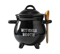 Haloween Witch Cauldron Stew Pot with Wooden Ladle - 3L Black Party Serving Bowl Prop for Tea Gathering, Themed Buffet, Candy Display, Soup Warmer, Trick or Treat Decor, Home Kitchen Table Centerpiec