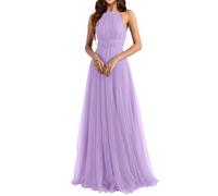 Halter Abiti da damigella d'onore da donna lunghi in tulle A-Line pieghe abiti formali per matrimonio, Lilla, 46