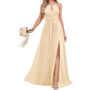 Halter Principessa Abiti da Damigella D'Onore Pieghettato Abiti Da Promenade Chiffon Abito Da Sera Formale Con Spacco ZM06, Champagne, 50