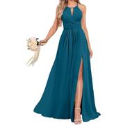 Halter Principessa Abiti da Damigella D'Onore Pieghettato Abiti Da Promenade Chiffon Abito Da Sera Formale Con Spacco ZM06, Pavone, 44