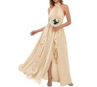 Halter Principessa Abiti da Damigella D'Onore Pieghettato Prom Dresses Increspature Chiffon Slit Abito da sera formale ZM174, Champagne, 38