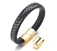 Halukakah Accessori per Bambini ● Solo Junior ● Braccialetto in Pelle per Ragazzi Marrone/Nero Classico, Progettato per Età 6-15, Con Esclusiva Chiusura Magnetica in Titanio Dorato/Argento/Nero, Misura 7”+0.7"(18+1.5cm), Inclusa Confezione Regalo Omaggio