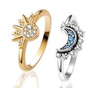 Halukakah Anelli Celesti Sole e Luna: Anelli Placcati in Oro 18k o Platino con Sole Scintillante e Luna Blu, Anelli di Promessa d'Amicizia, Gioielli Celesti Sovrapponibili, per Donne Ragazze, Taglia 7